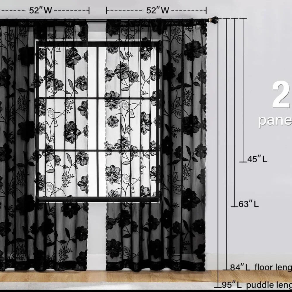 Black Sheer Lace Curtains – 2 Panels, 54